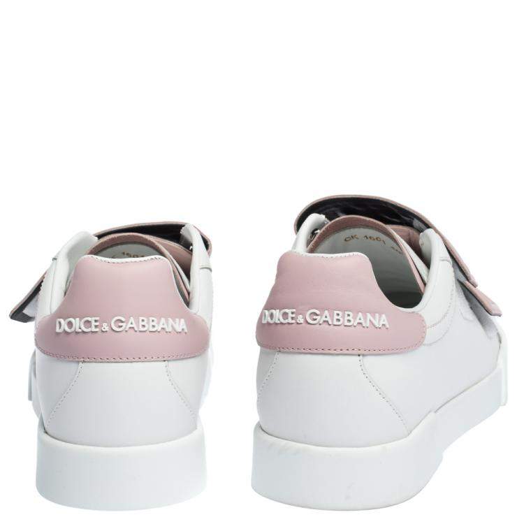 Pre Owned Dolce & Gabbana White/Pink Leather Logo Velcro Straps Sneakers Size 40.5