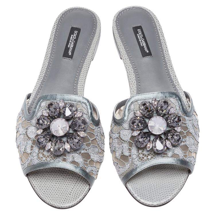Pre Owned Dolce & Gabbana Grey Lace Jeweled Embellishment Flat Slides Size 40.5