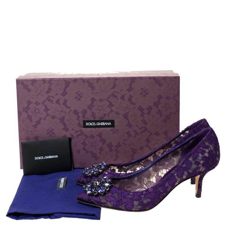 Pre Owned Dolce & Gabbana Purple Lace Jeweled Embellishment Pointed Toe Pumps Size 38