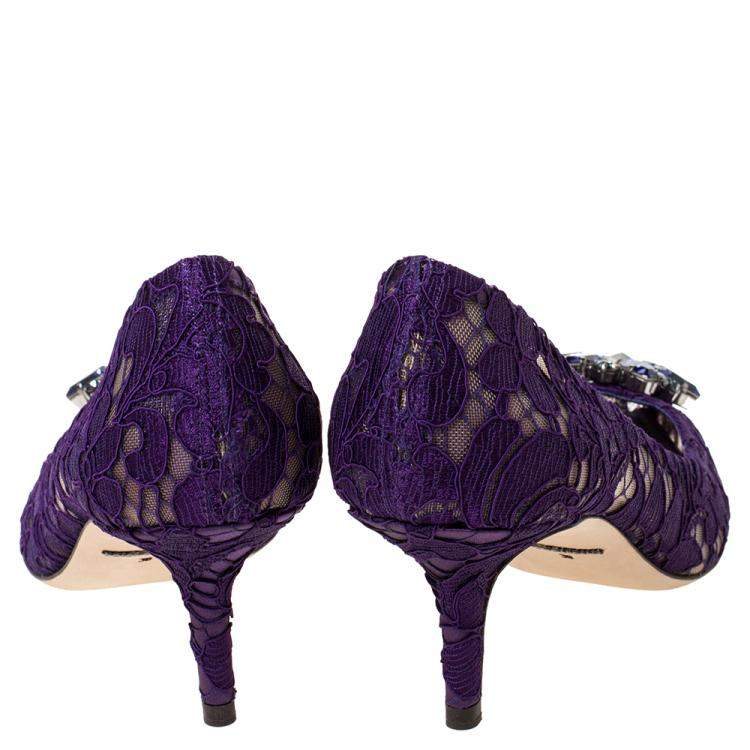 Pre Owned Dolce & Gabbana Purple Lace Jeweled Embellishment Pointed Toe Pumps Size 38