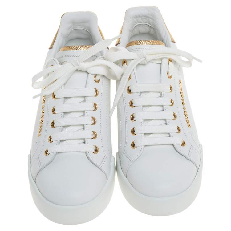 مملوكة مسبقًا  Dolce & Gabbana White/Gold Leather Portofino Pearl Embellished Low Top Sneakers Size 38.5