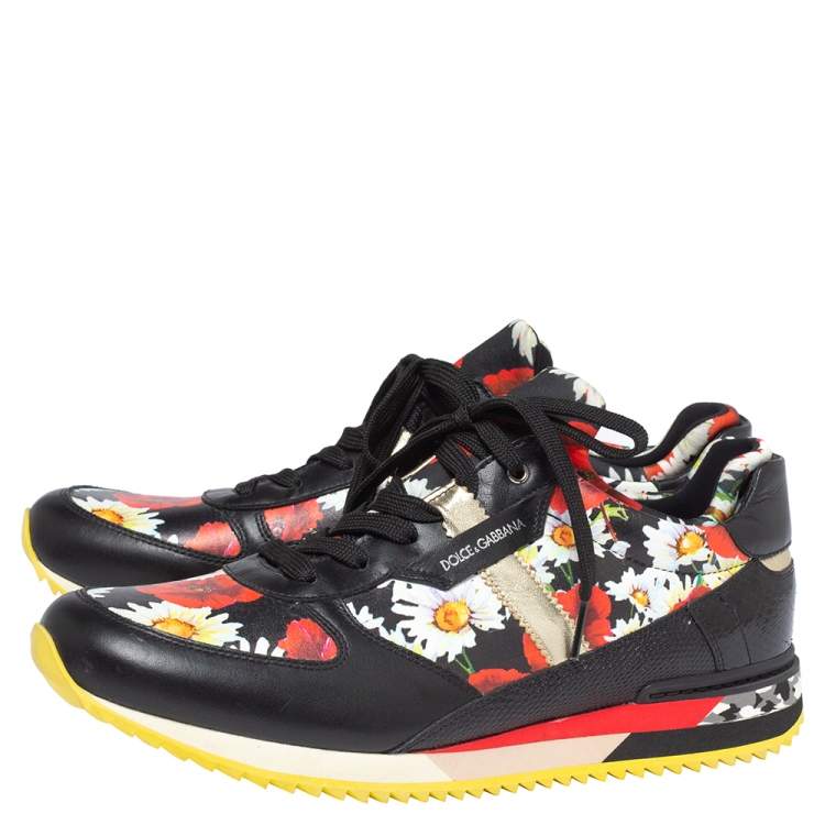 Pre Owned Dolce and Gabbana Black Poppy Print Leather, Snake and Lizard Trim Nigeria Sneakers Size 41