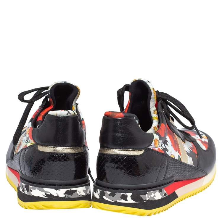 Pre Owned Dolce and Gabbana Black Poppy Print Leather, Snake and Lizard Trim Nigeria Sneakers Size 41