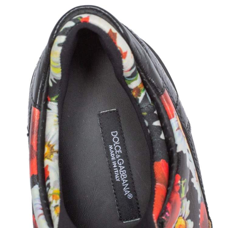 Pre Owned Dolce and Gabbana Black Poppy Print Leather, Snake and Lizard Trim Nigeria Sneakers Size 41