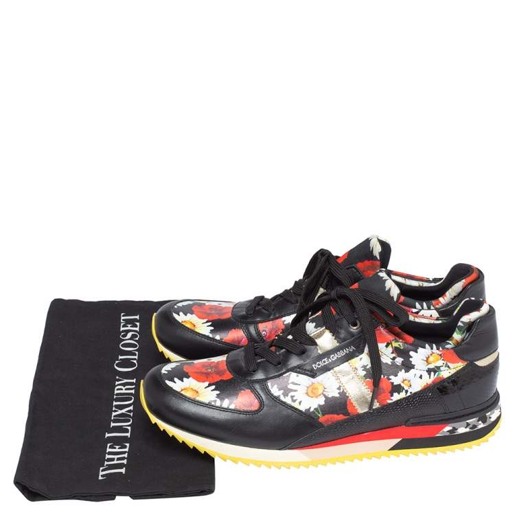 Pre Owned Dolce and Gabbana Black Poppy Print Leather, Snake and Lizard Trim Nigeria Sneakers Size 41