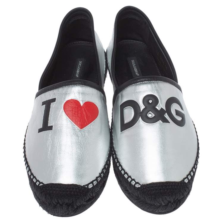 Pre Owned Dolce & Gabbana Silver/Black Leather I Love DG Print Espadrille Flats Size 41
