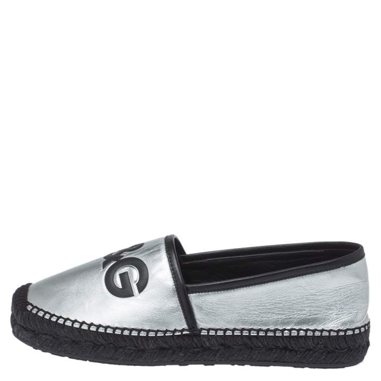 Pre Owned Dolce & Gabbana Silver/Black Leather I Love DG Print Espadrille Flats Size 41