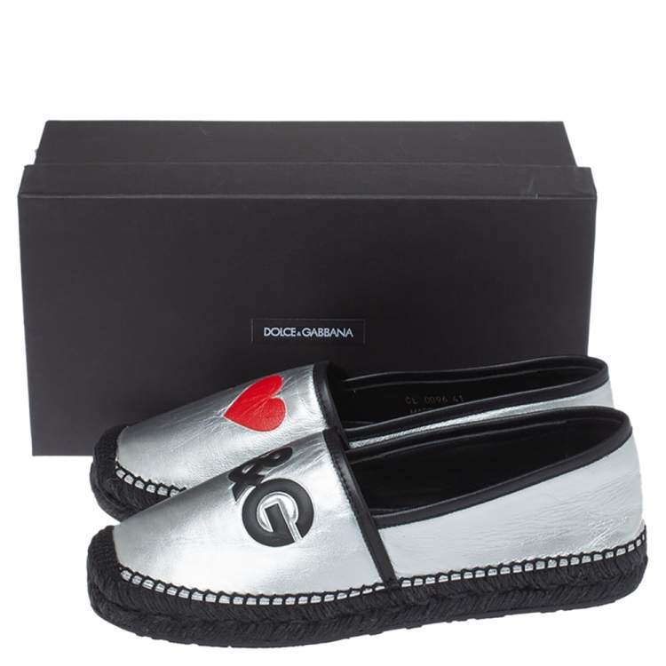 Pre Owned Dolce & Gabbana Silver/Black Leather I Love DG Print Espadrille Flats Size 41