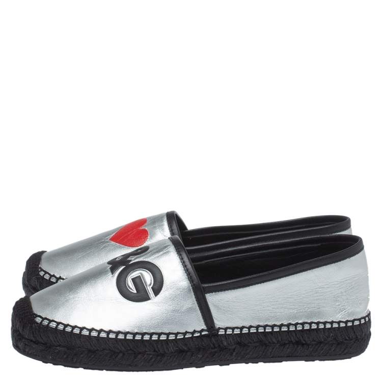 Pre Owned Dolce & Gabbana Silver/Black Leather I Love DG Print Espadrille Flats Size 41