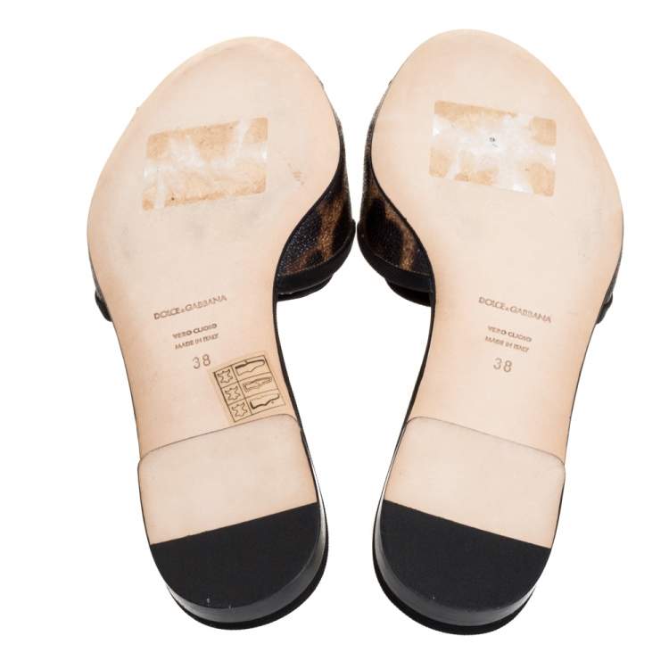 Pre Owned Dolce & Gabbana Brown Leopard Print Coated Canvas Crystal Embellished Flat Slides Size 38