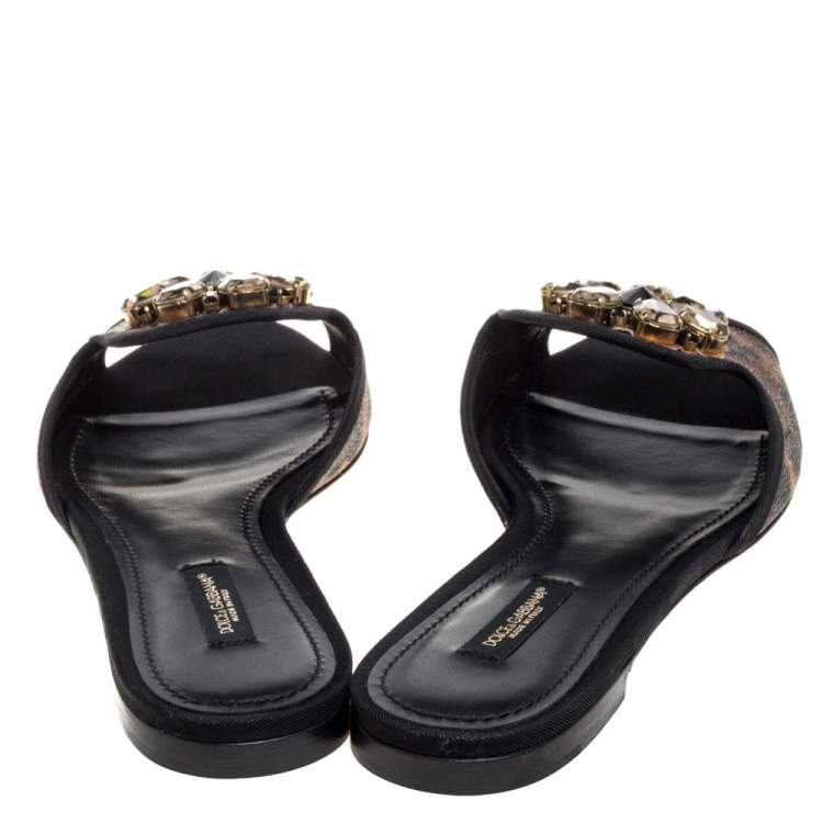 Pre Owned Dolce & Gabbana Brown Leopard Print Coated Canvas Crystal Embellished Flat Slides Size 38