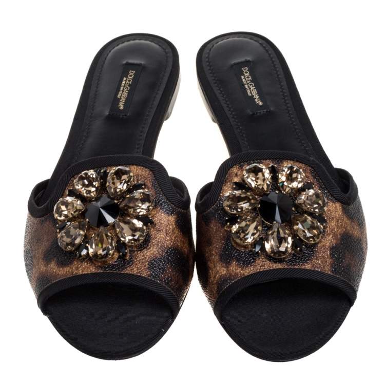 Pre Owned Dolce & Gabbana Brown Leopard Print Coated Canvas Crystal Embellished Flat Slides Size 38