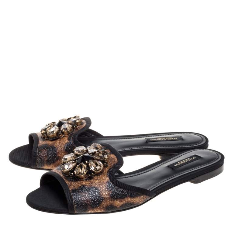 Pre Owned Dolce & Gabbana Brown Leopard Print Coated Canvas Crystal Embellished Flat Slides Size 38