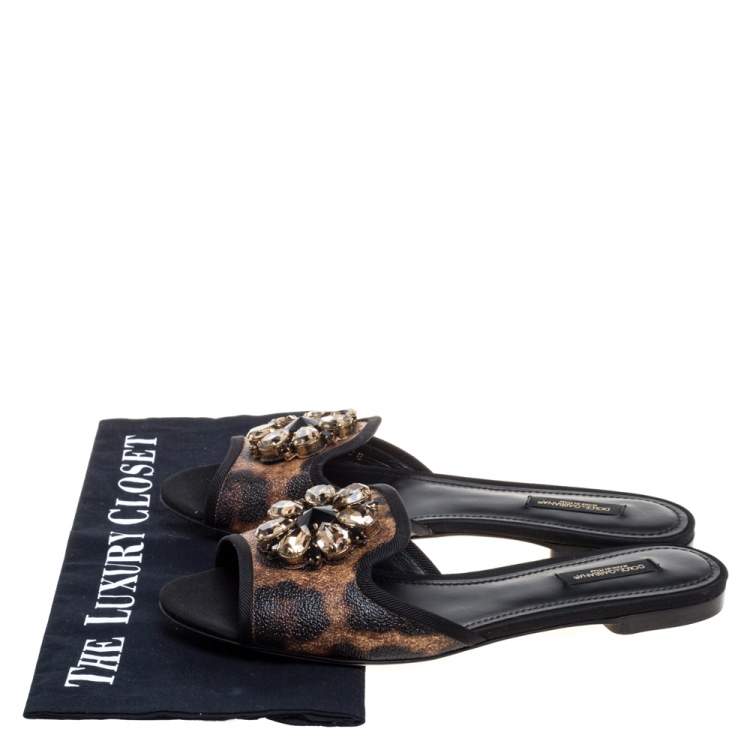 Pre Owned Dolce & Gabbana Brown Leopard Print Coated Canvas Crystal Embellished Flat Slides Size 38