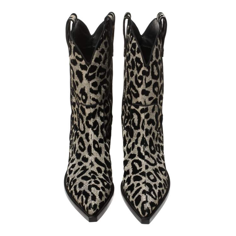Pre Owned Dolce and Gabbana Black/Grey Shimmering Leopard Laurex Fabric Cowboy Boots Size 40