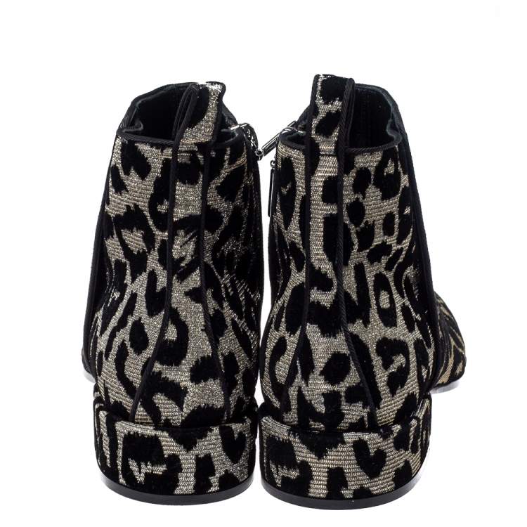 Pre Owned Dolce & Gabbana Black/Silver  Animal Print Lurex and Velvet Ankle Boots Size 36