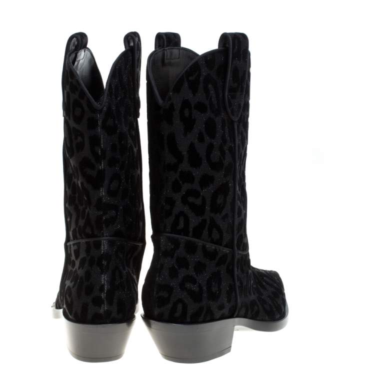 Pre Owned Dolce & Gabbana Black Animal Print Lurex and Velvet Cowboy Boots Size 37.5