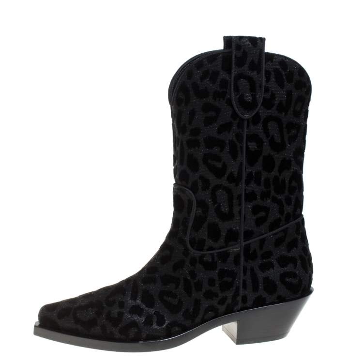 Pre Owned Dolce & Gabbana Black Animal Print Lurex and Velvet Cowboy Boots Size 37.5