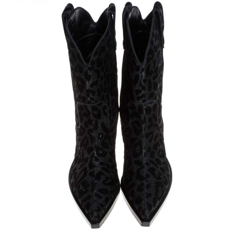Pre Owned Dolce & Gabbana Black Animal Print Lurex and Velvet Cowboy Boots Size 37.5