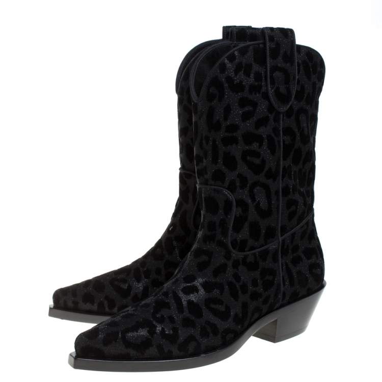 Pre Owned Dolce & Gabbana Black Animal Print Lurex and Velvet Cowboy Boots Size 37.5