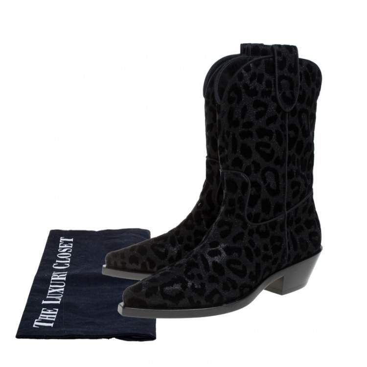 Pre Owned Dolce & Gabbana Black Animal Print Lurex and Velvet Cowboy Boots Size 37.5