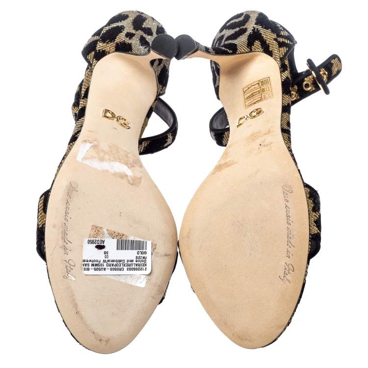 Pre Owned Dolce & Gabbana Gold/Black Animal Print Lurex and Velvet Ankle Strap Sandals Size 36