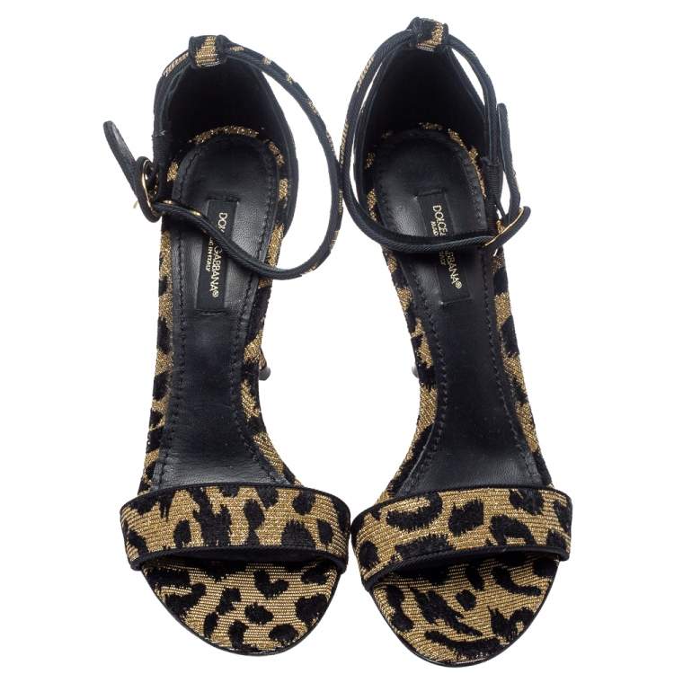 Pre Owned Dolce & Gabbana Gold/Black Animal Print Lurex and Velvet Ankle Strap Sandals Size 36