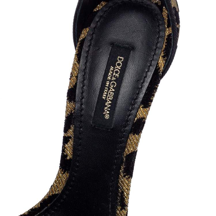 Pre Owned Dolce & Gabbana Gold/Black Animal Print Lurex and Velvet Ankle Strap Sandals Size 36