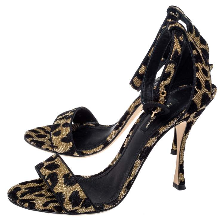 Pre Owned Dolce & Gabbana Gold/Black Animal Print Lurex and Velvet Ankle Strap Sandals Size 36