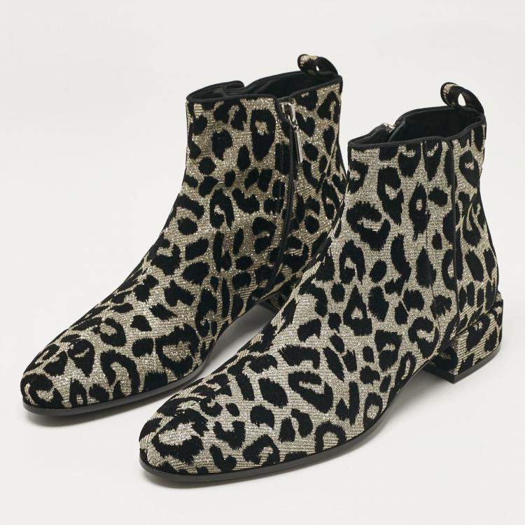 Pre Owned Dolce & Gabbana Black/Silver Animal Print Lurex and Velvet Ankle Boots Size 39
