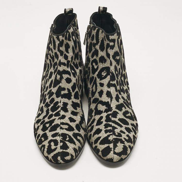 Pre Owned Dolce & Gabbana Black/Silver Animal Print Lurex and Velvet Ankle Boots Size 39
