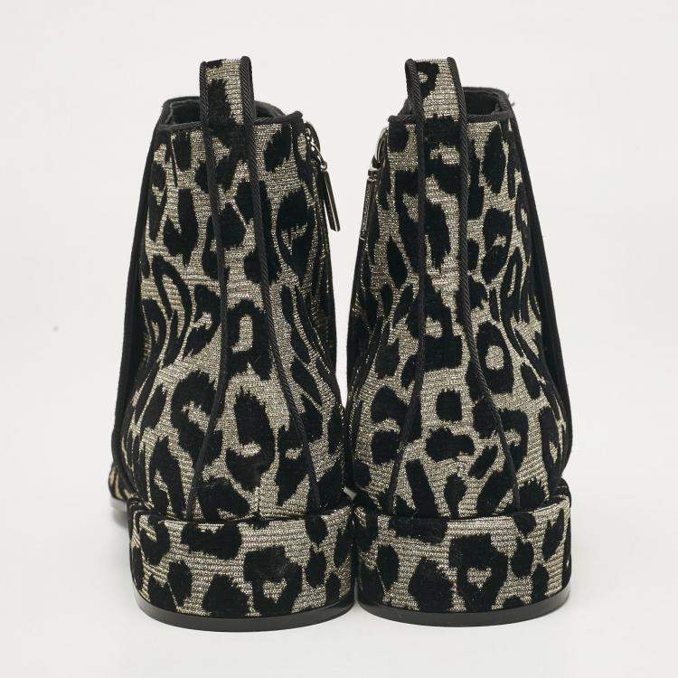 Pre Owned Dolce & Gabbana Black/Silver Animal Print Lurex and Velvet Ankle Boots Size 39