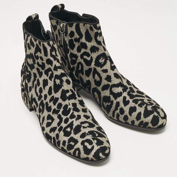 Pre Owned Dolce & Gabbana Black/Silver Animal Print Lurex and Velvet Ankle Boots Size 39