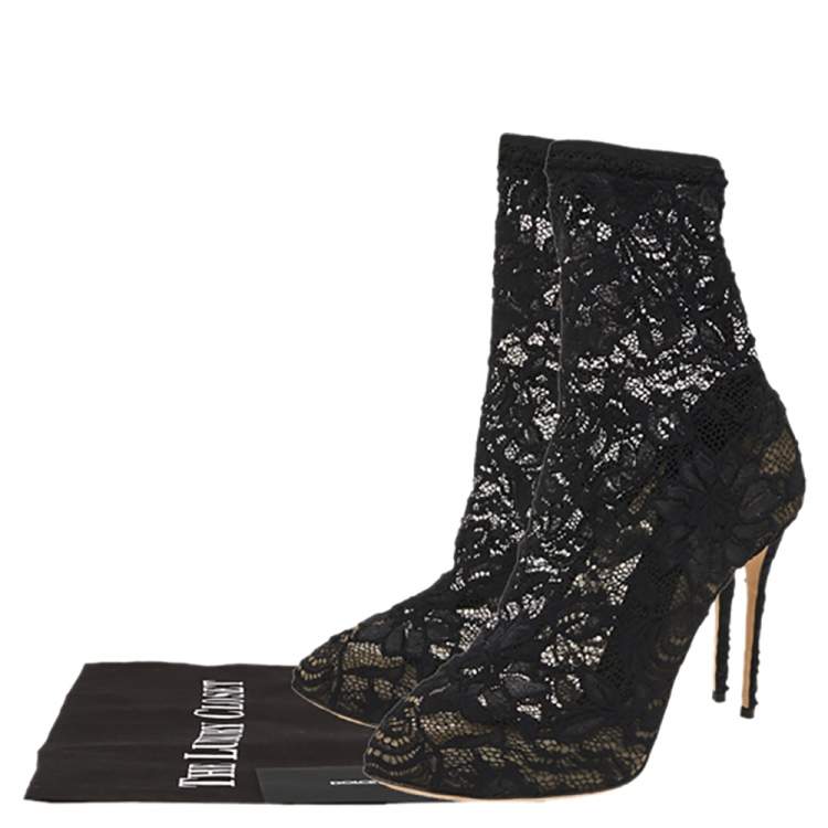 Pre Owned Dolce & Gabbana Black Stretch Lace Pointed Toe Ankle Booties Size 40.5