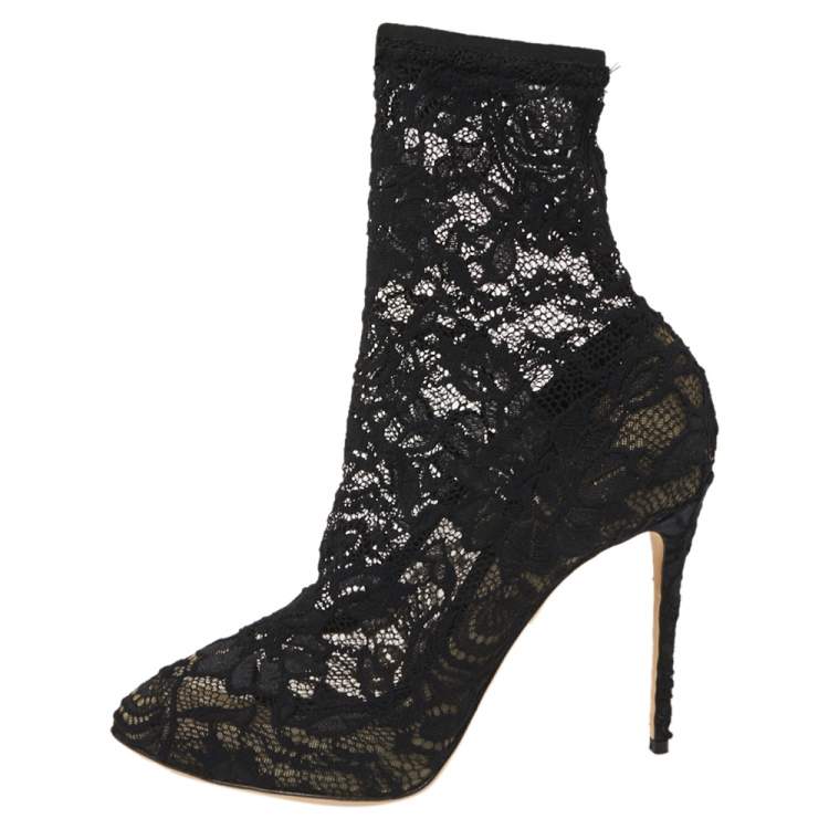 Pre Owned Dolce & Gabbana Black Stretch Lace Pointed Toe Ankle Booties Size 40.5