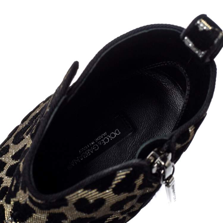 Pre Owned Dolce & Gabbana Black/Silver Animal Print Lurex and Velvet Ankle Boots Size 37