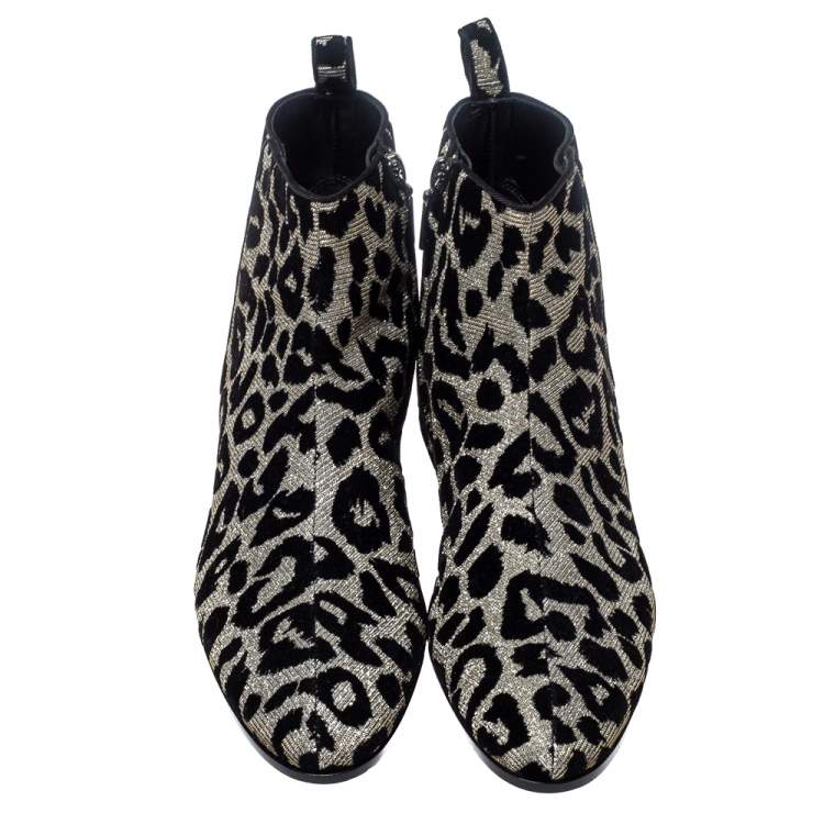 Pre Owned Dolce & Gabbana Black/Silver Animal Print Lurex and Velvet Ankle Boots Size 37
