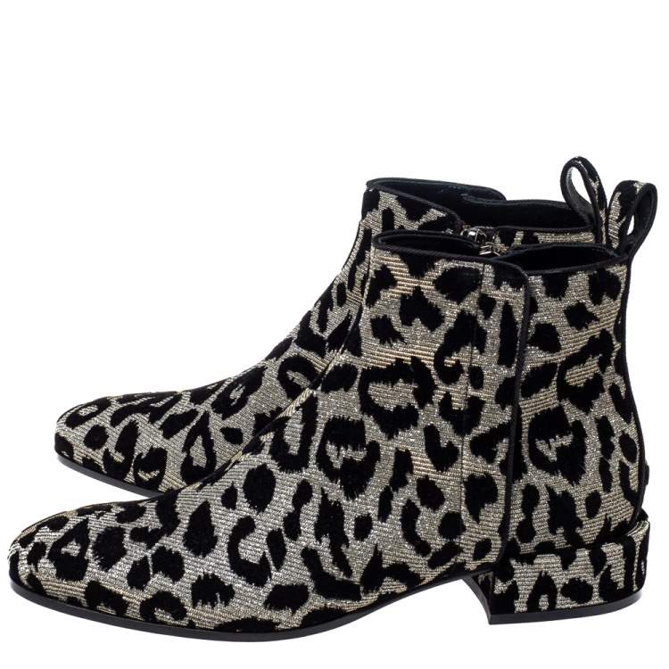 Pre Owned Dolce & Gabbana Black/Silver Animal Print Lurex and Velvet Ankle Boots Size 37