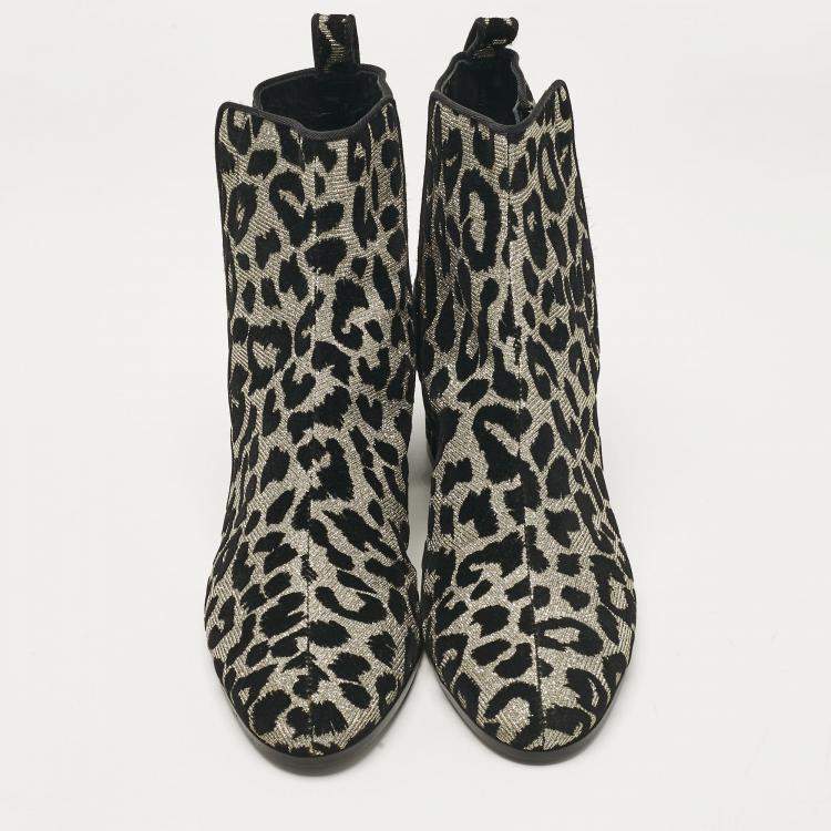 Pre Owned Dolce & Gabbana Black/Silver Animal Print Lurex and Velvet Ankle Boots Size 39