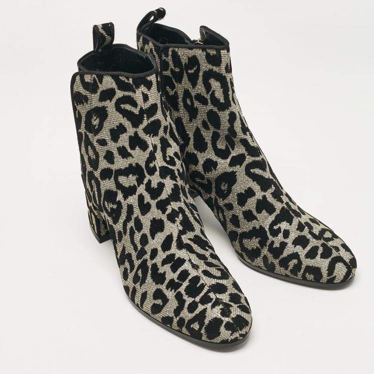 Pre Owned Dolce & Gabbana Black/Silver Animal Print Lurex and Velvet Ankle Boots Size 39