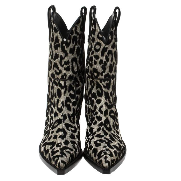 Pre Owned Dolce & Gabbana Black/Silver Animal Print Lurex and Velvet Cowboy Boots Size 36