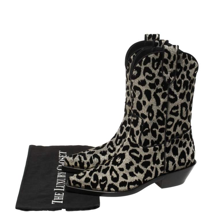 Pre Owned Dolce & Gabbana Black/Silver Animal Print Lurex and Velvet Cowboy Boots Size 36