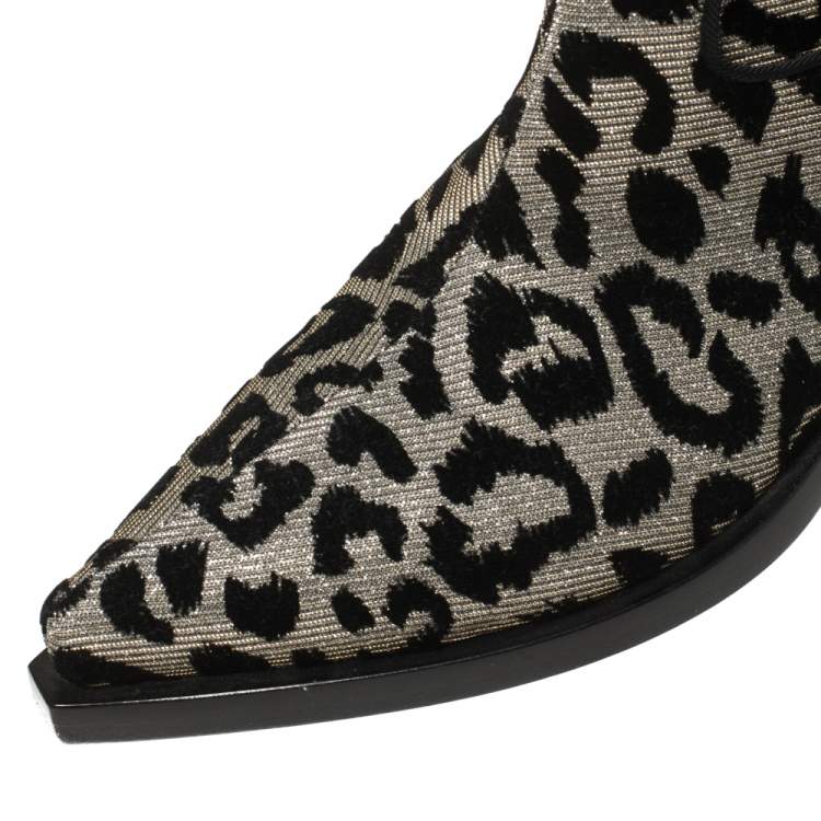 Pre Owned Dolce & Gabbana Black/Silver Animal Print Lurex and Velvet Cowboy Boots Size 36