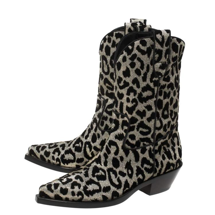 Pre Owned Dolce & Gabbana Black/Silver Animal Print Lurex and Velvet Cowboy Boots Size 36