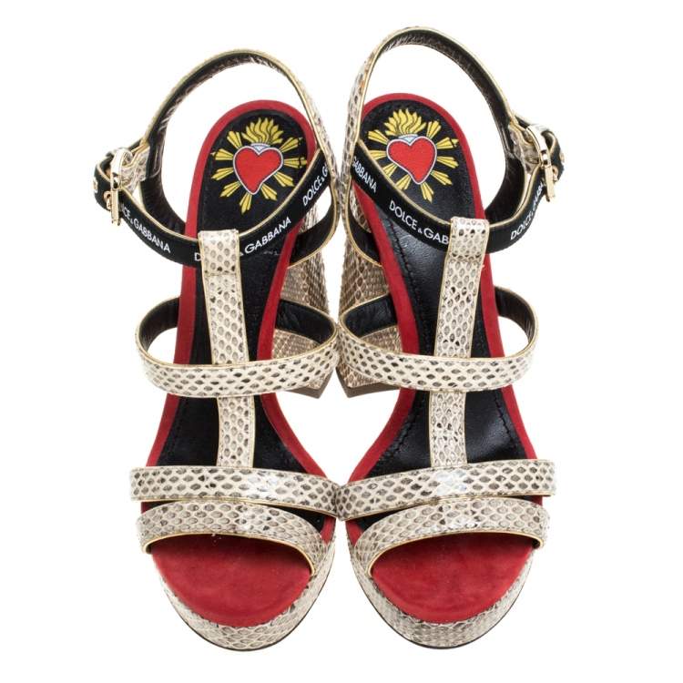 Pre Owned Dolce & Gabbana Beige Snakesking DG Logo Platfom Sandals Size 36