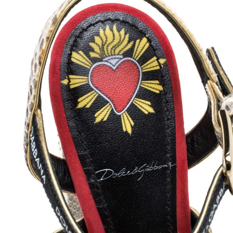 Pre Owned Dolce & Gabbana Beige Snakesking DG Logo Platfom Sandals Size 36