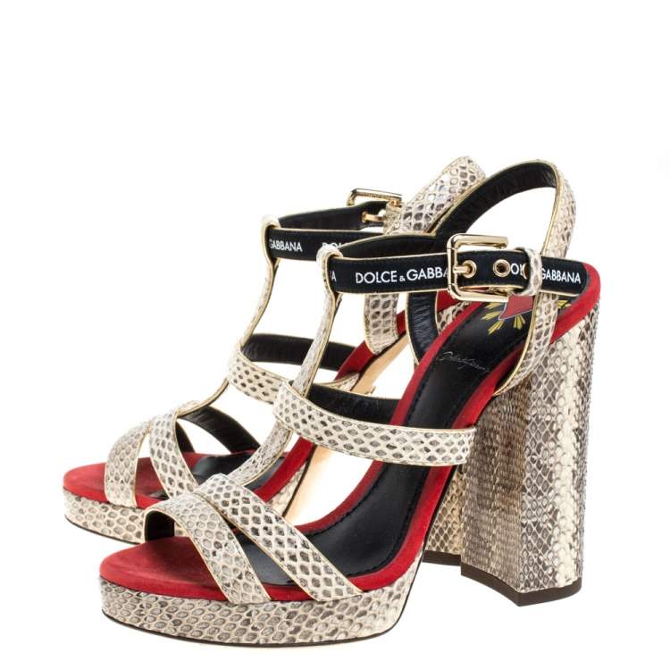 Pre Owned Dolce & Gabbana Beige Snakesking DG Logo Platfom Sandals Size 36