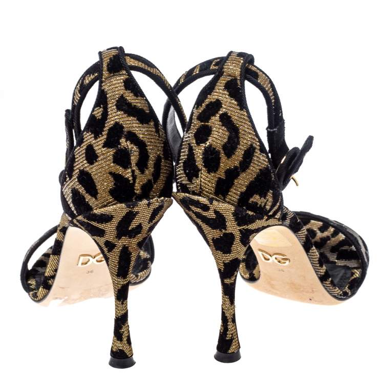 Pre Owned Dolce & Gabbana Gold/Black Animal Print Lurex and Velvet Ankle Strap Sandals Size 40.5
