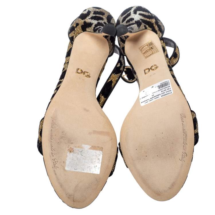 Pre Owned Dolce & Gabbana Gold/Black Animal Print Lurex and Velvet Ankle Strap Sandals Size 40.5
