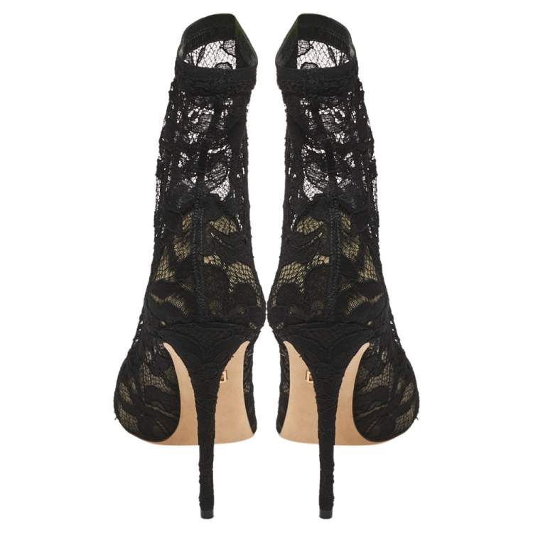 Pre Owned Dolce & Gabbana Black Lace and Mesh Stretch Booties Size 39.5